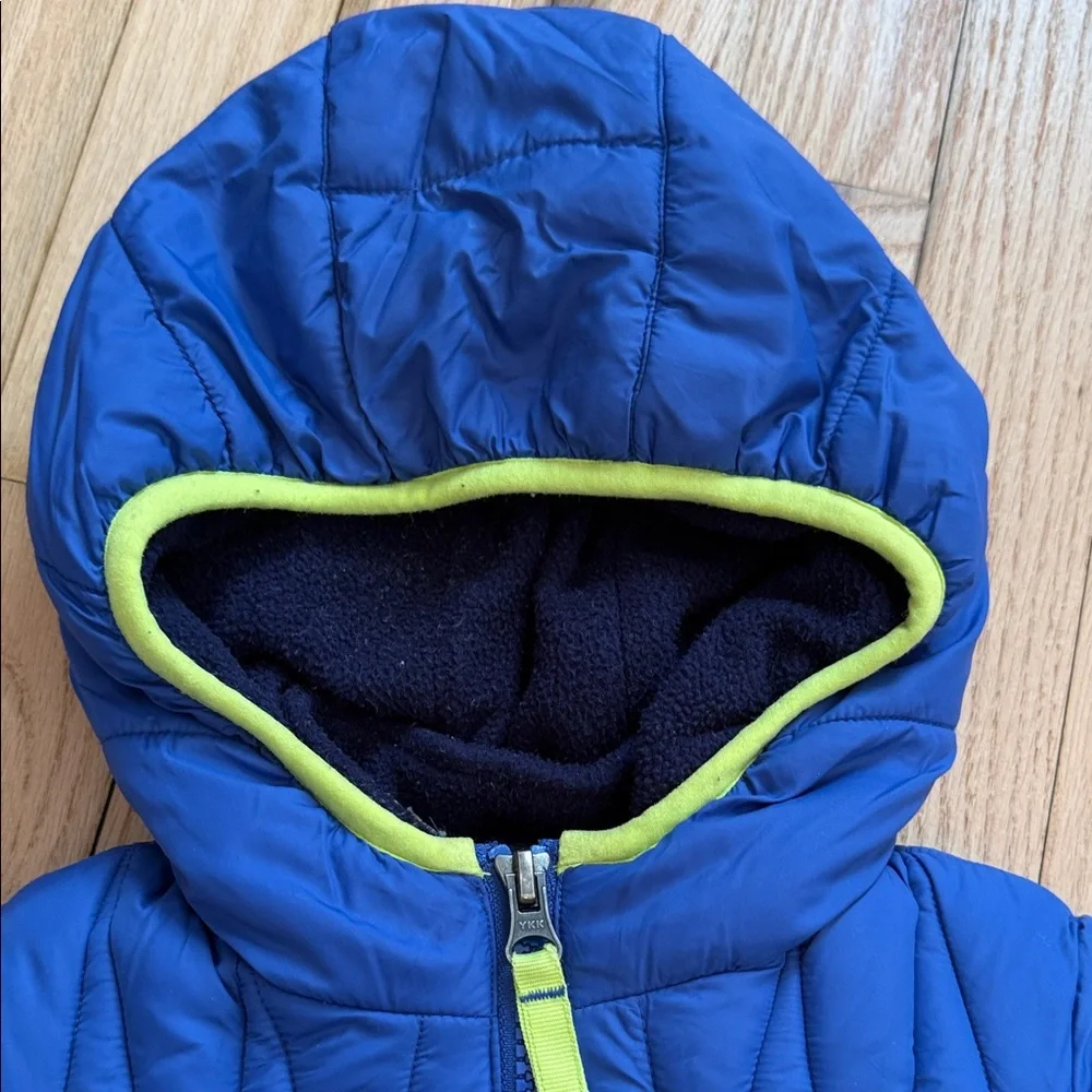 SNOZU Toddler Blue & Neon Green Hood Puffer Fleece Lined Jacket with Double Zip